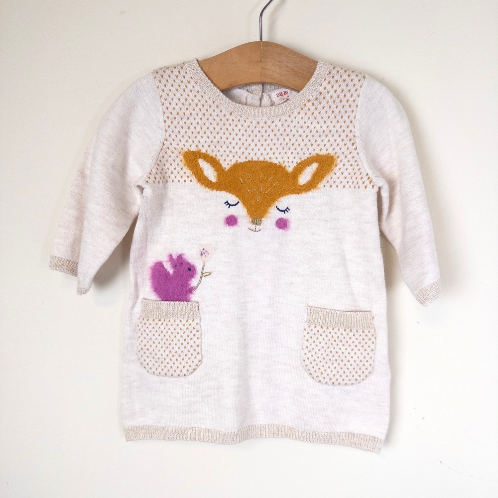 Du Pareil au Meme Knit Sweater Dress Baby Girl 3M Beigeβ Deer Squirrel NEW